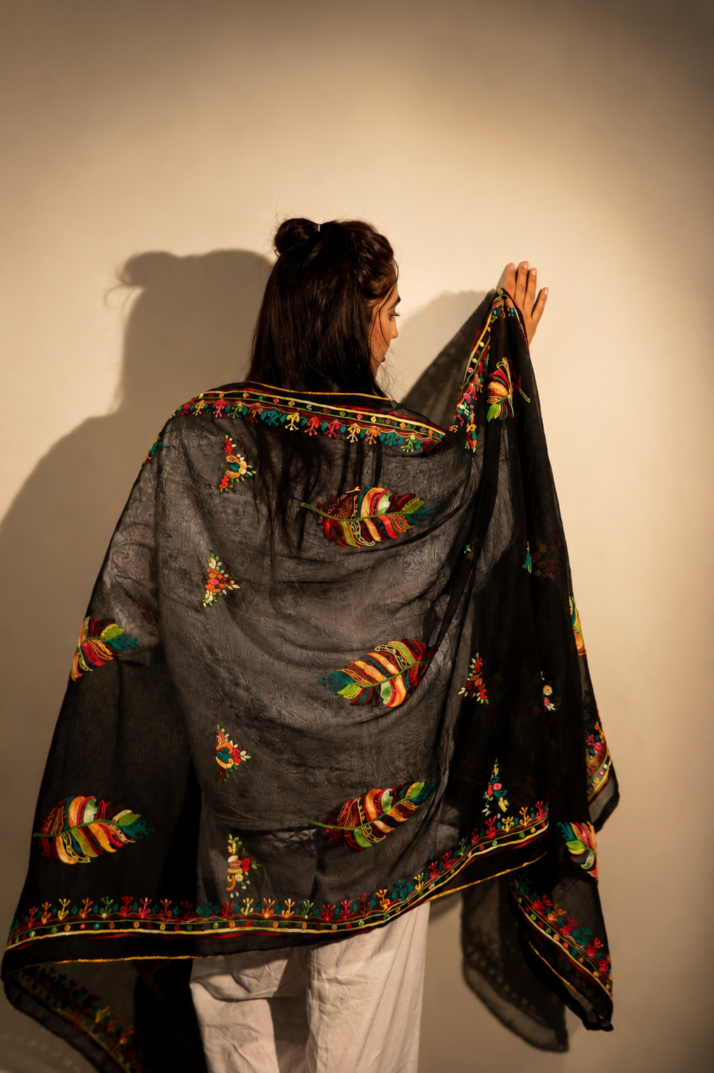 Midnight Sheer Embroidered Shawl – Feather & Floral Collection