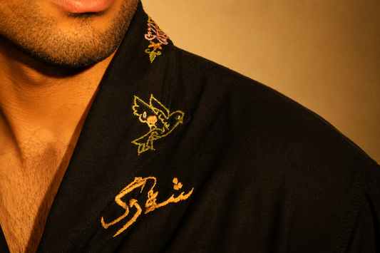 Calligraphy & Peacock Embroidered Black shirt