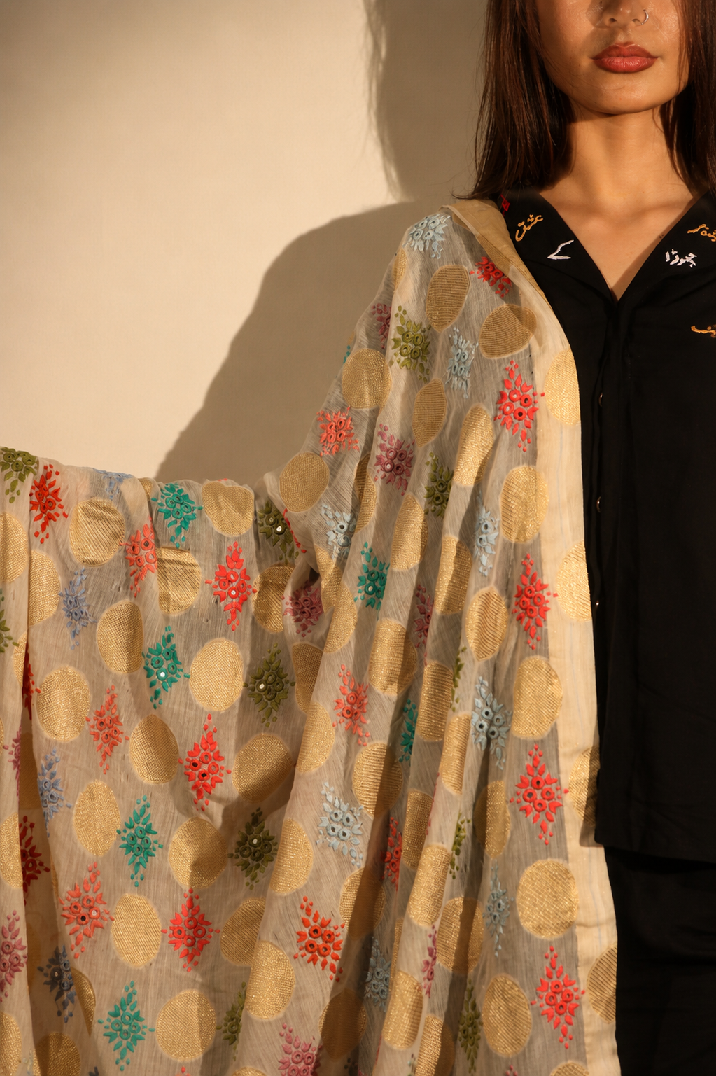 Hand-Embroidered Polka & Motif Dupatta / Shawl