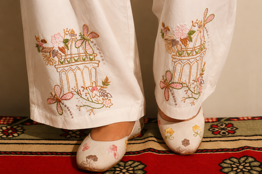 Ivory Embroidered Baggy Wide-Leg Trousers