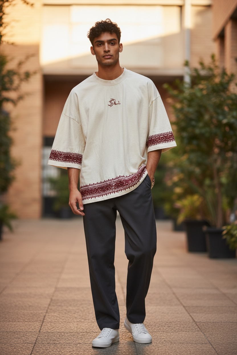 BLOCHI DROP-SHOULDER SHIRT WITH HAND EMBROIDERY