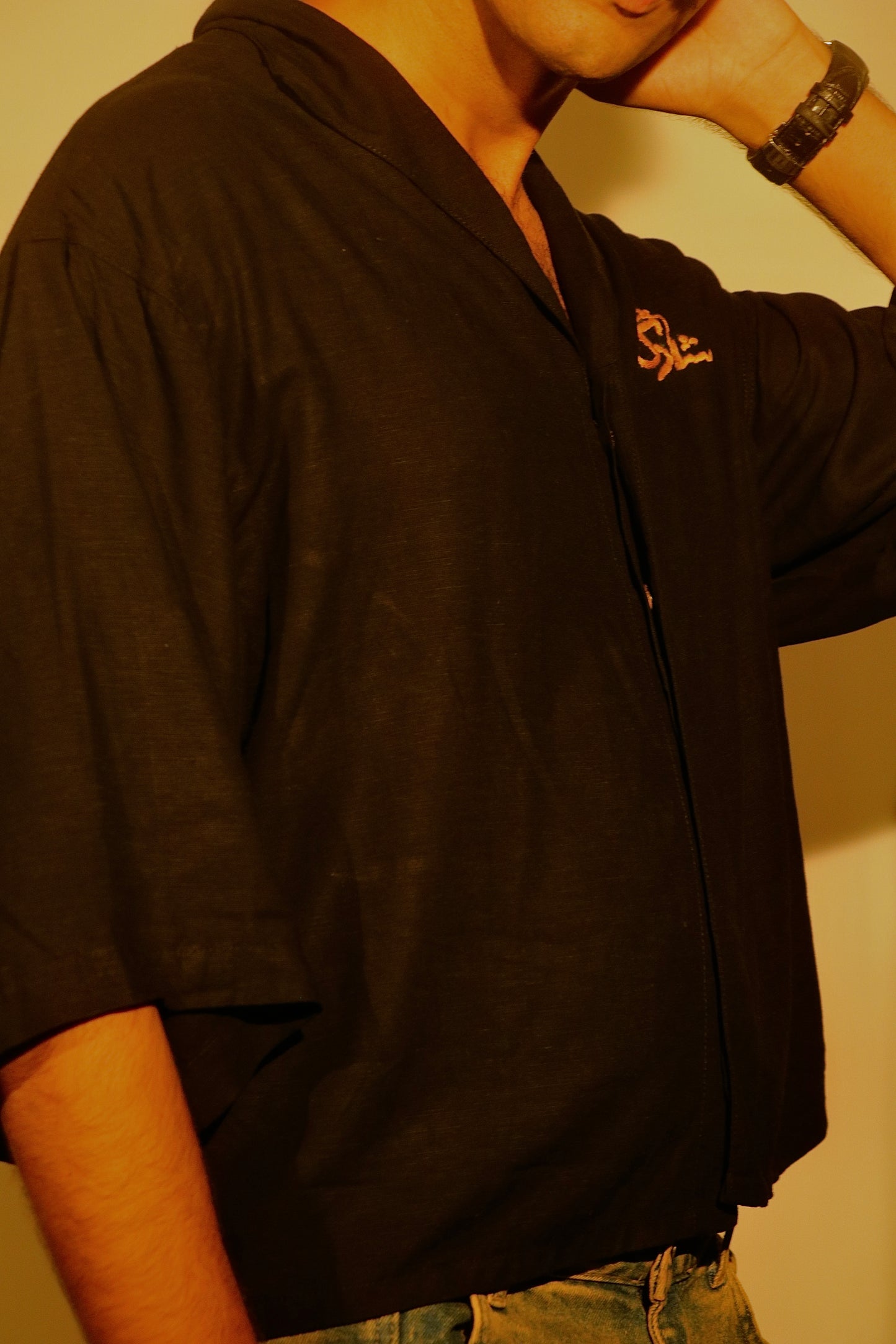 Unisex Embroidered Cuban Collar Shirt – Onyx Black