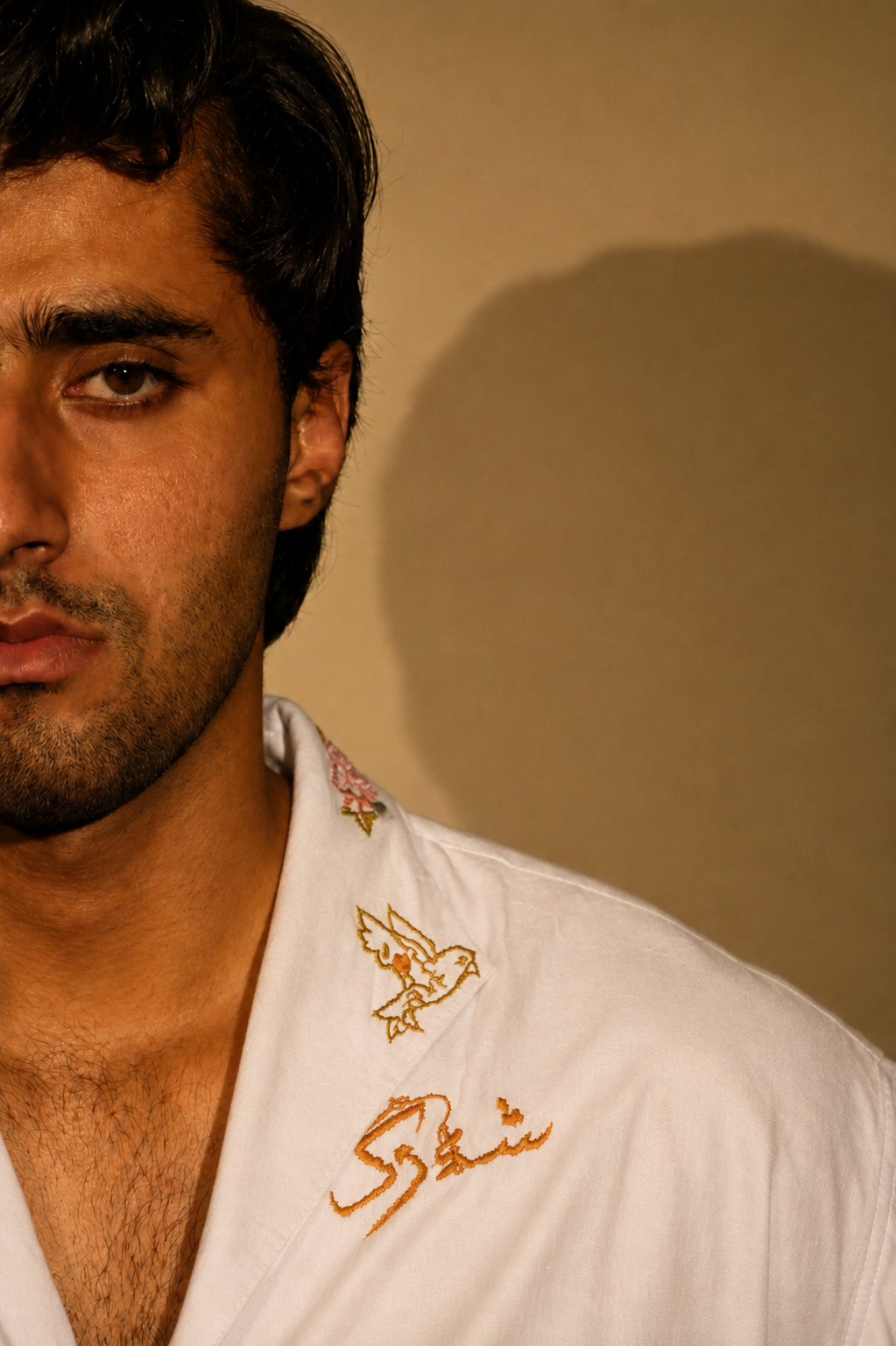 Calligraphy & Peacock Embroidered white shirt