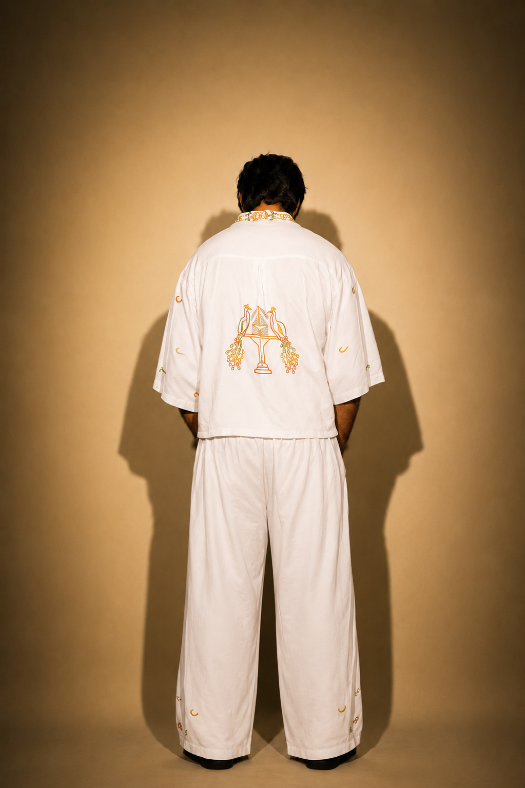 Calligraphy & Peacock Embroidered white shirt