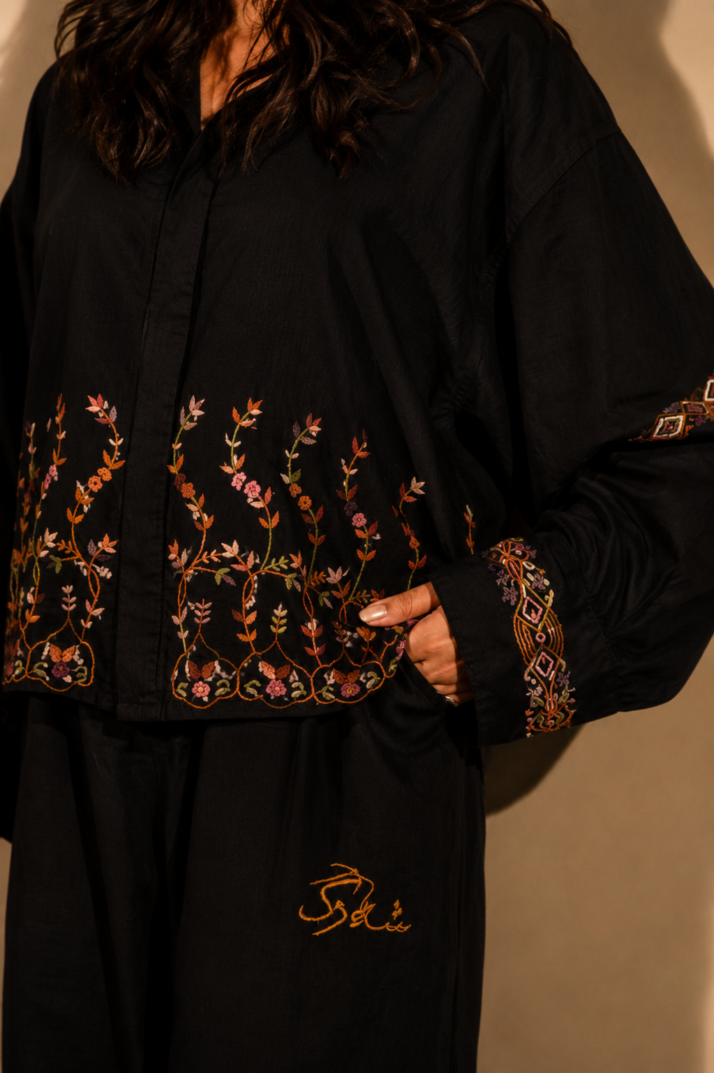 Ivory Botanical Embroidered Linen Shirt Set