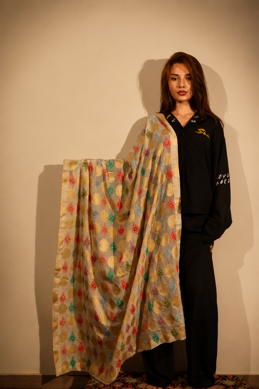 Hand-Embroidered Polka & Motif Dupatta / Shawl