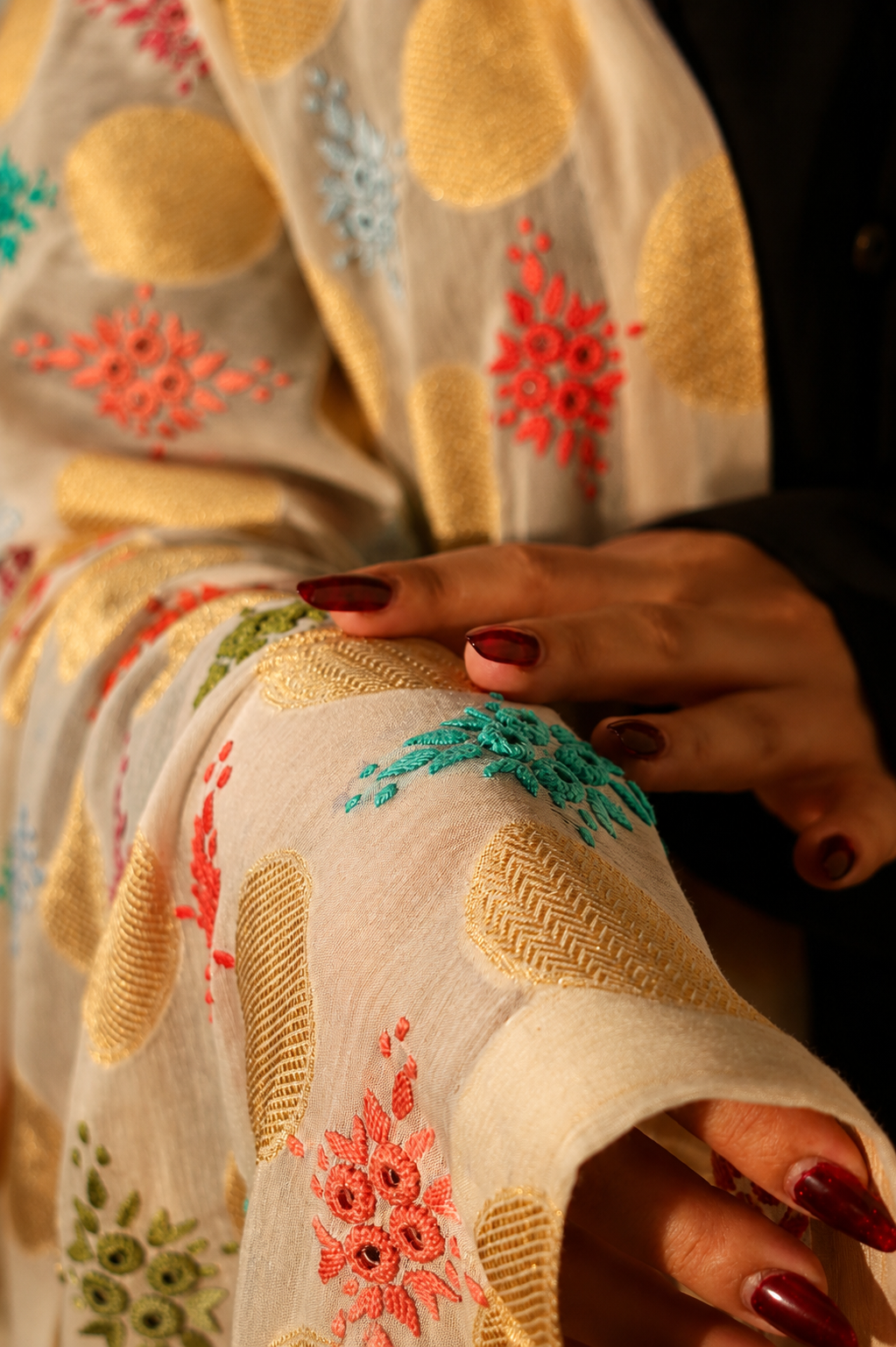 Hand-Embroidered Polka & Motif Dupatta / Shawl