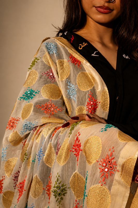 Hand-Embroidered Polka & Motif Dupatta / Shawl