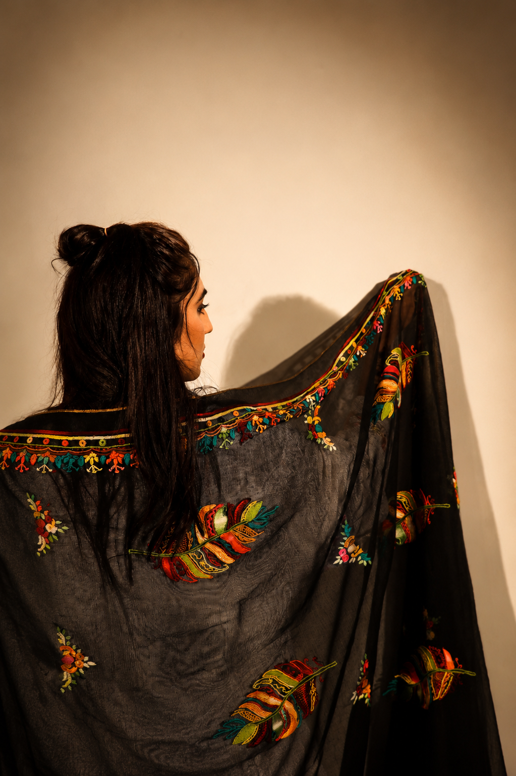 Midnight Sheer Embroidered Shawl – Feather & Floral Collection