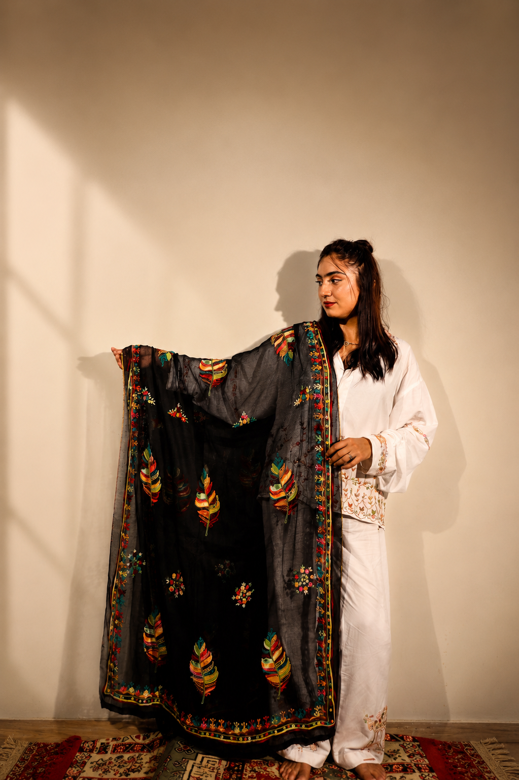 Midnight Sheer Embroidered Shawl – Feather & Floral Collection