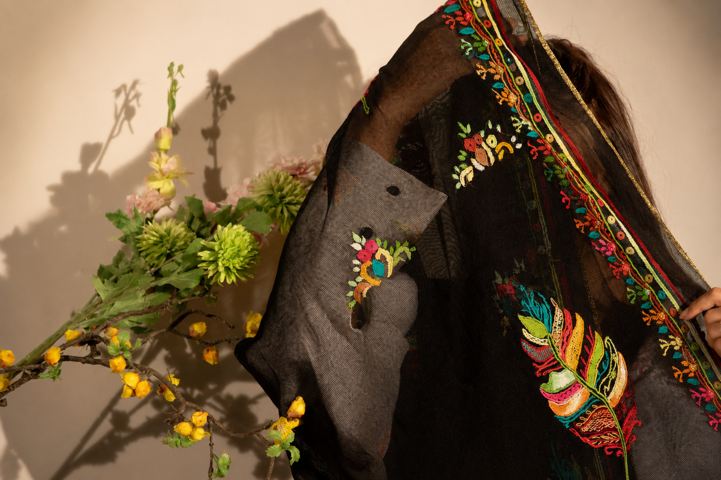 Midnight Sheer Embroidered Shawl – Feather & Floral Collection