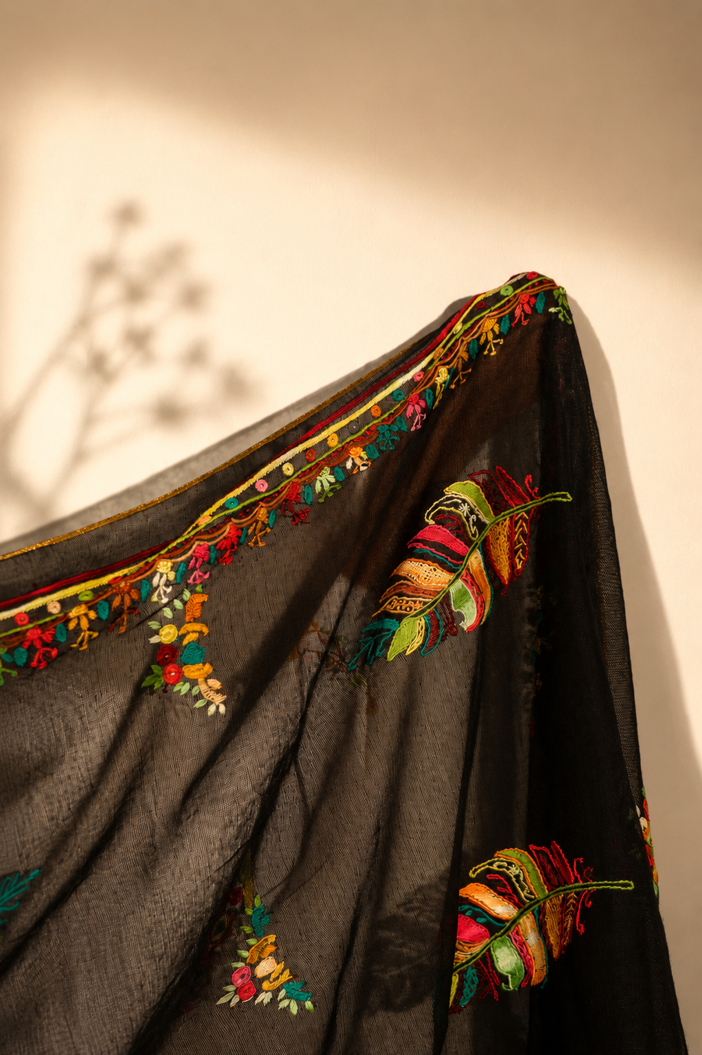 Midnight Sheer Embroidered Shawl – Feather & Floral Collection