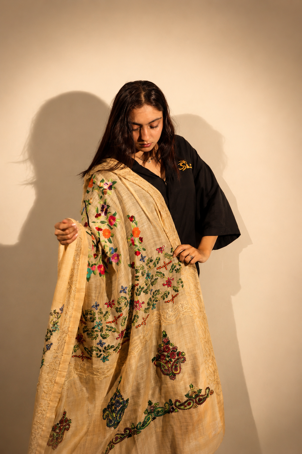 vory & Beige Floral Embroidered Silk-Blend Shawl