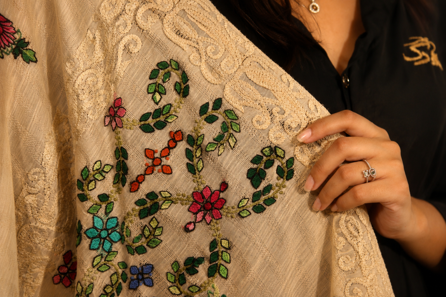 vory & Beige Floral Embroidered Silk-Blend Shawl