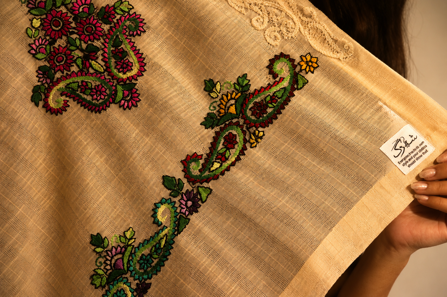 vory & Beige Floral Embroidered Silk-Blend Shawl
