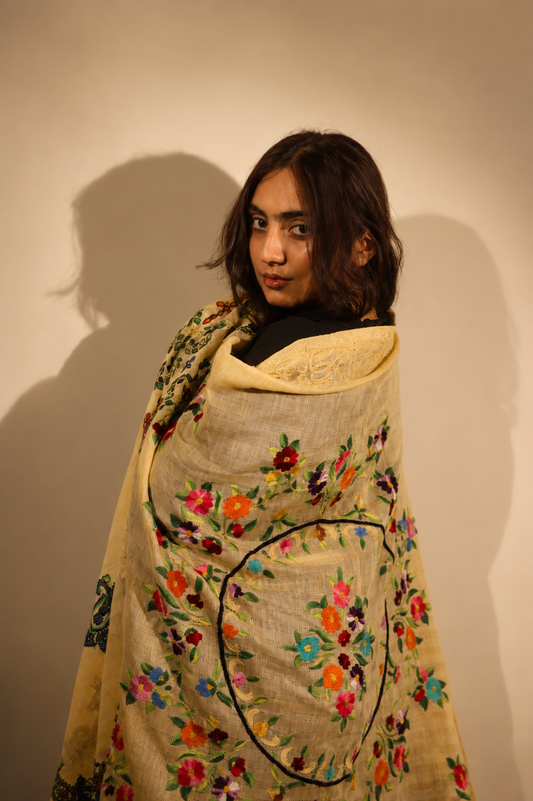 vory & Beige Floral Embroidered Silk-Blend Shawl