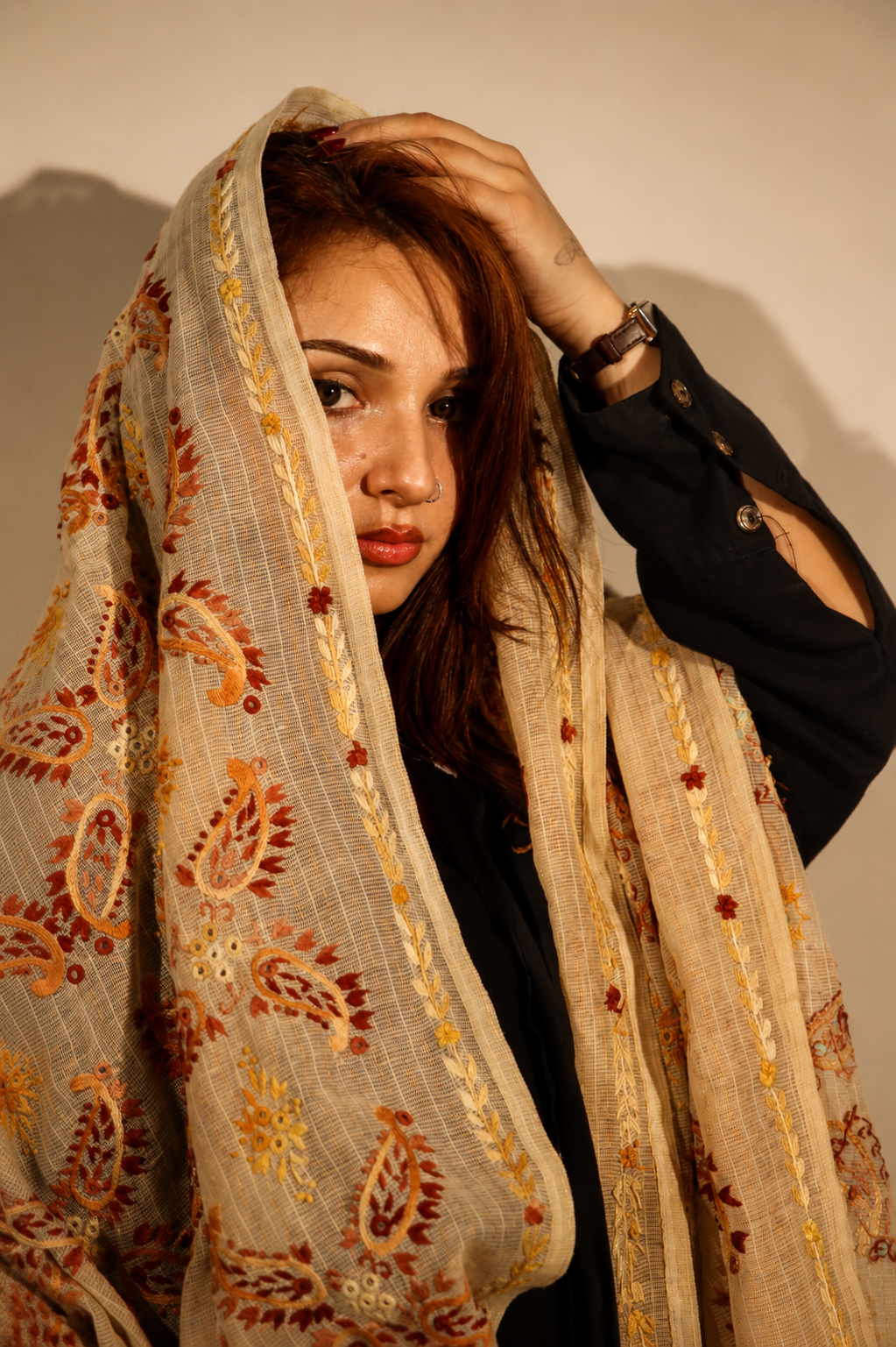 Warm Terracotta & Ivory Paisley Embroidered Dupatta