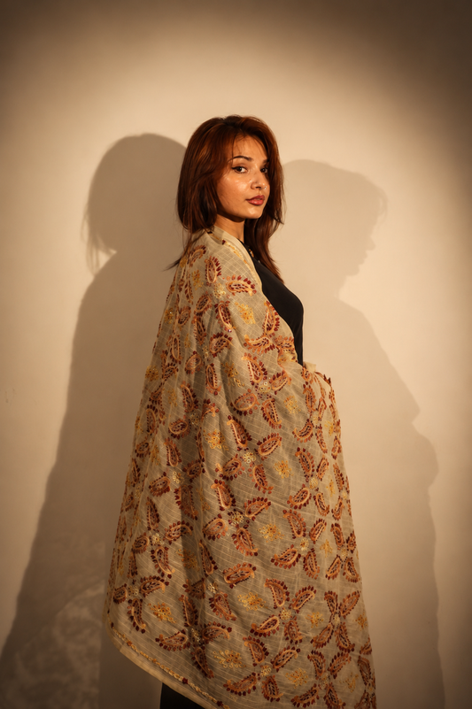 Warm Terracotta & Ivory Paisley Embroidered Dupatta