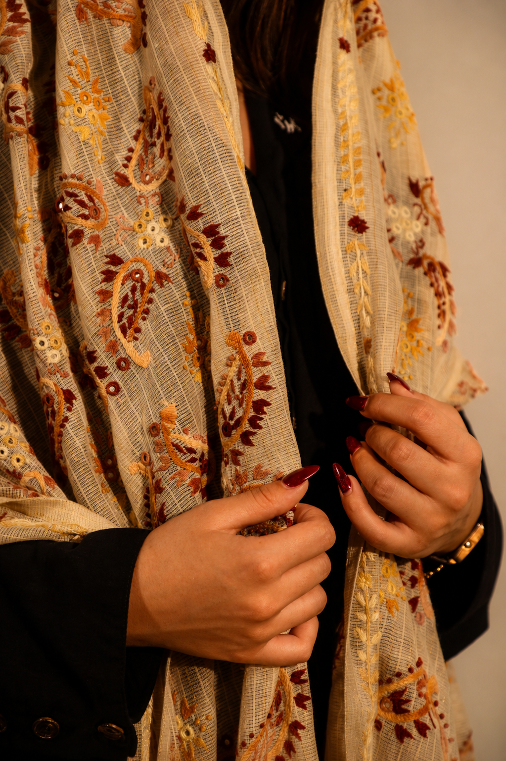 Warm Terracotta & Ivory Paisley Embroidered Dupatta