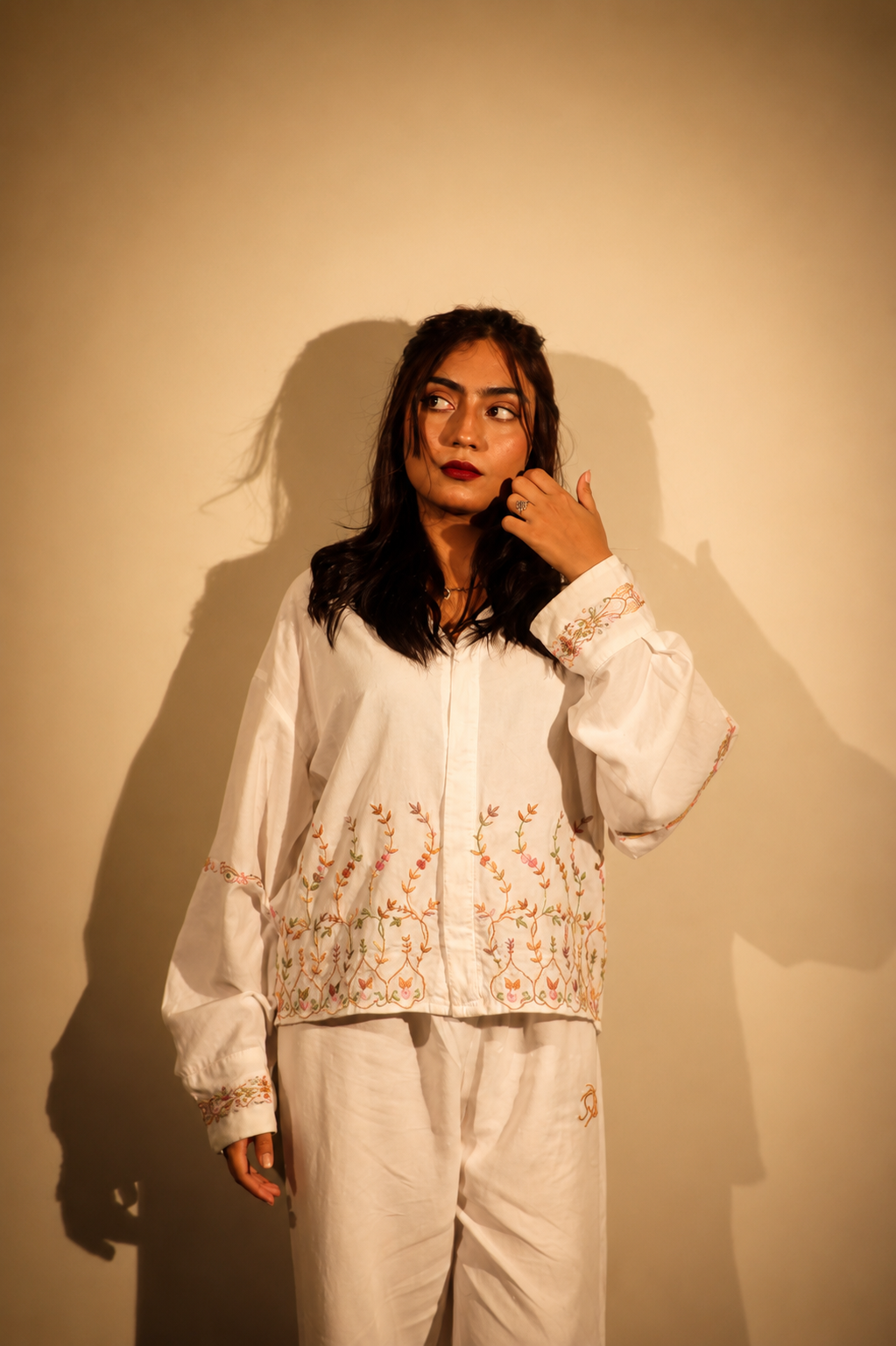 Ivory Botanical Embroidered Linen Shirt Set