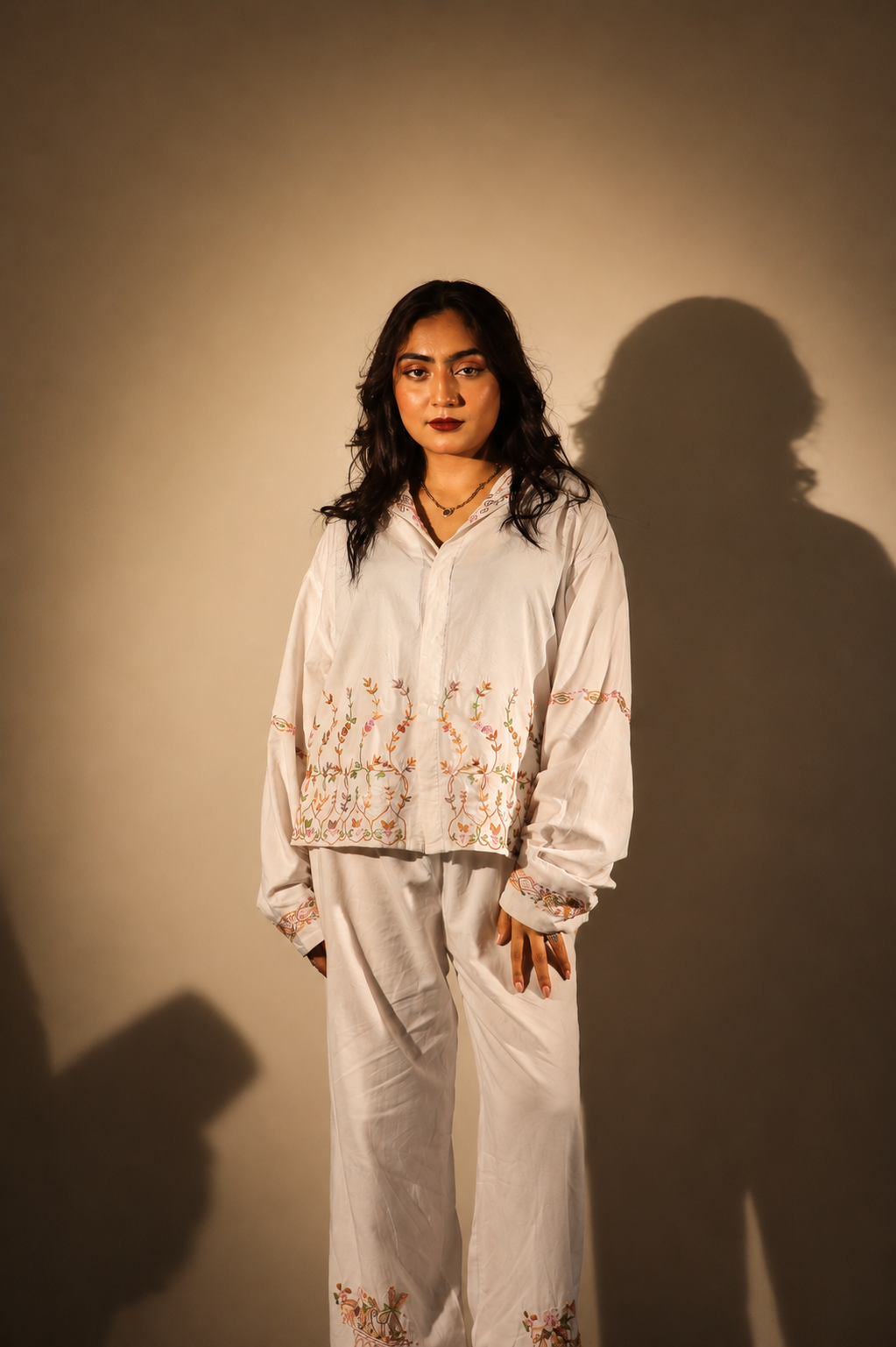 Ivory Botanical Embroidered Linen Shirt Set