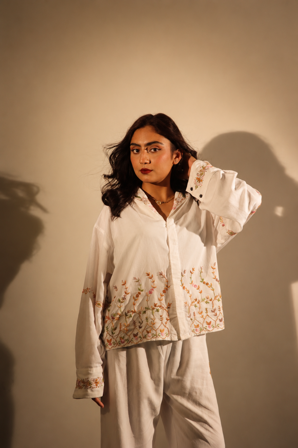 Ivory Botanical Embroidered Linen Shirt Set