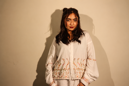 Ivory Botanical Embroidered Linen Shirt Set