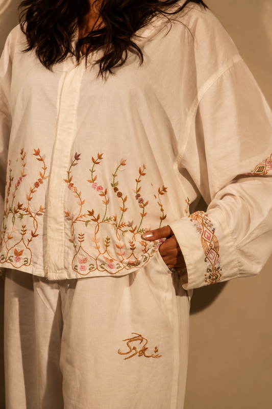 Ivory Botanical Embroidered Linen Shirt Set