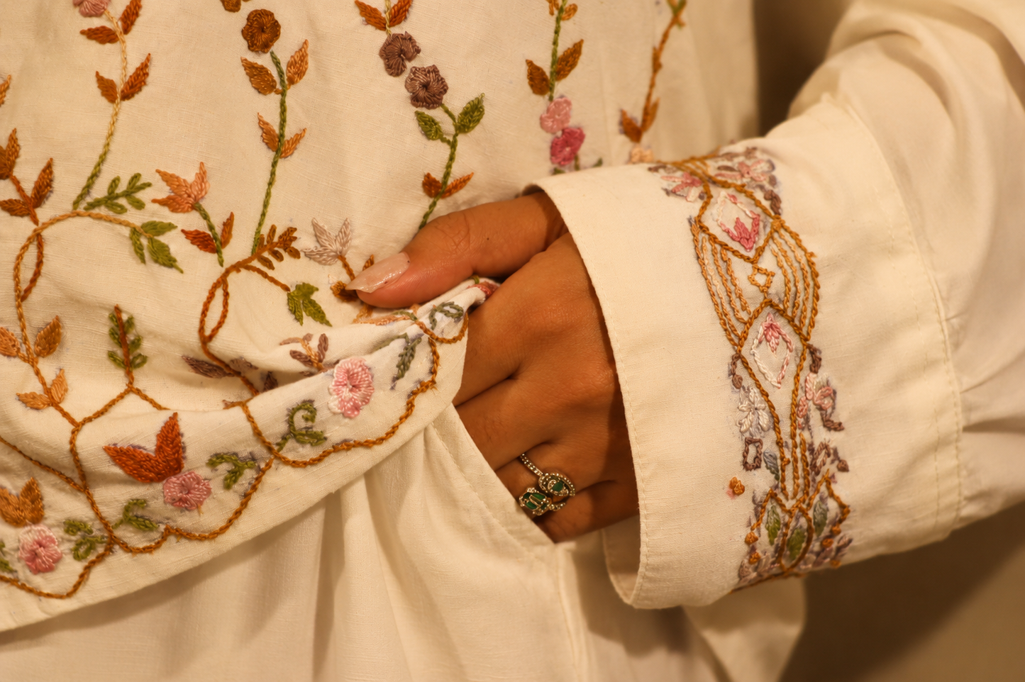 Ivory Botanical Embroidered Linen Shirt Set