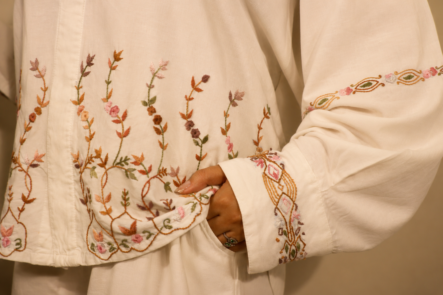 Ivory Botanical Embroidered Linen Shirt Set