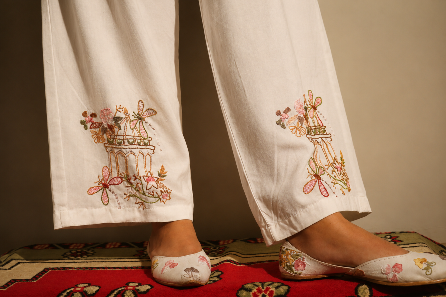 Ivory Embroidered Baggy Wide-Leg Trousers