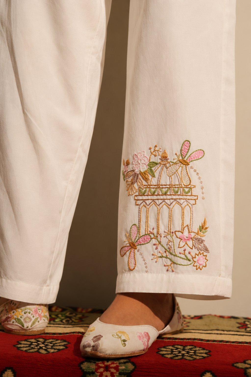 Ivory Embroidered Baggy Wide-Leg Trousers