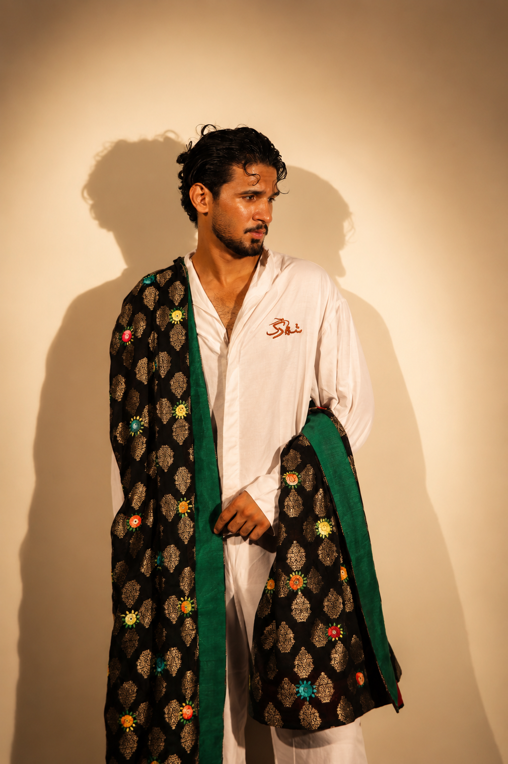 Black Metallic Jacquard Stole with Multi-Color Sunburst Embroidery