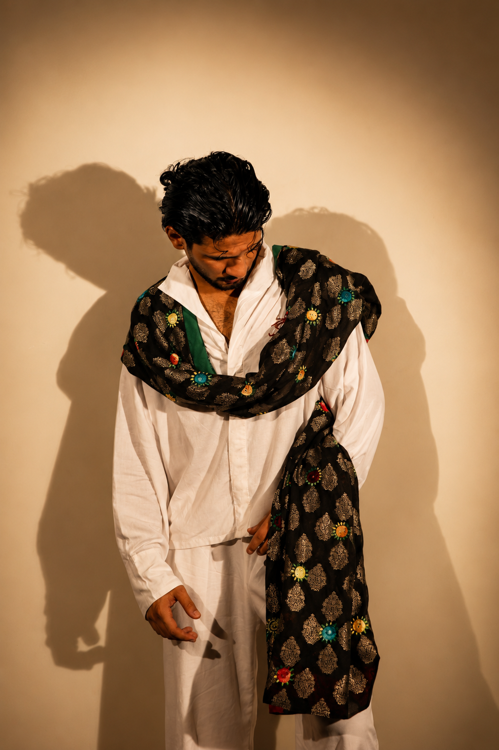 Black Metallic Jacquard Stole with Multi-Color Sunburst Embroidery
