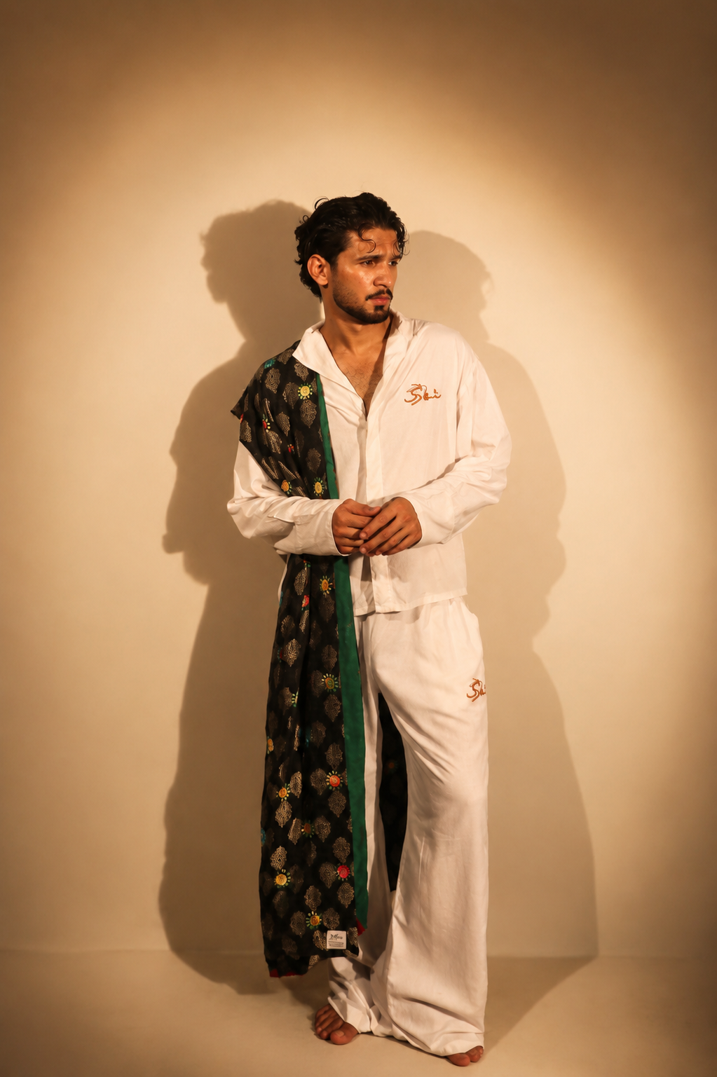 Black Metallic Jacquard Stole with Multi-Color Sunburst Embroidery