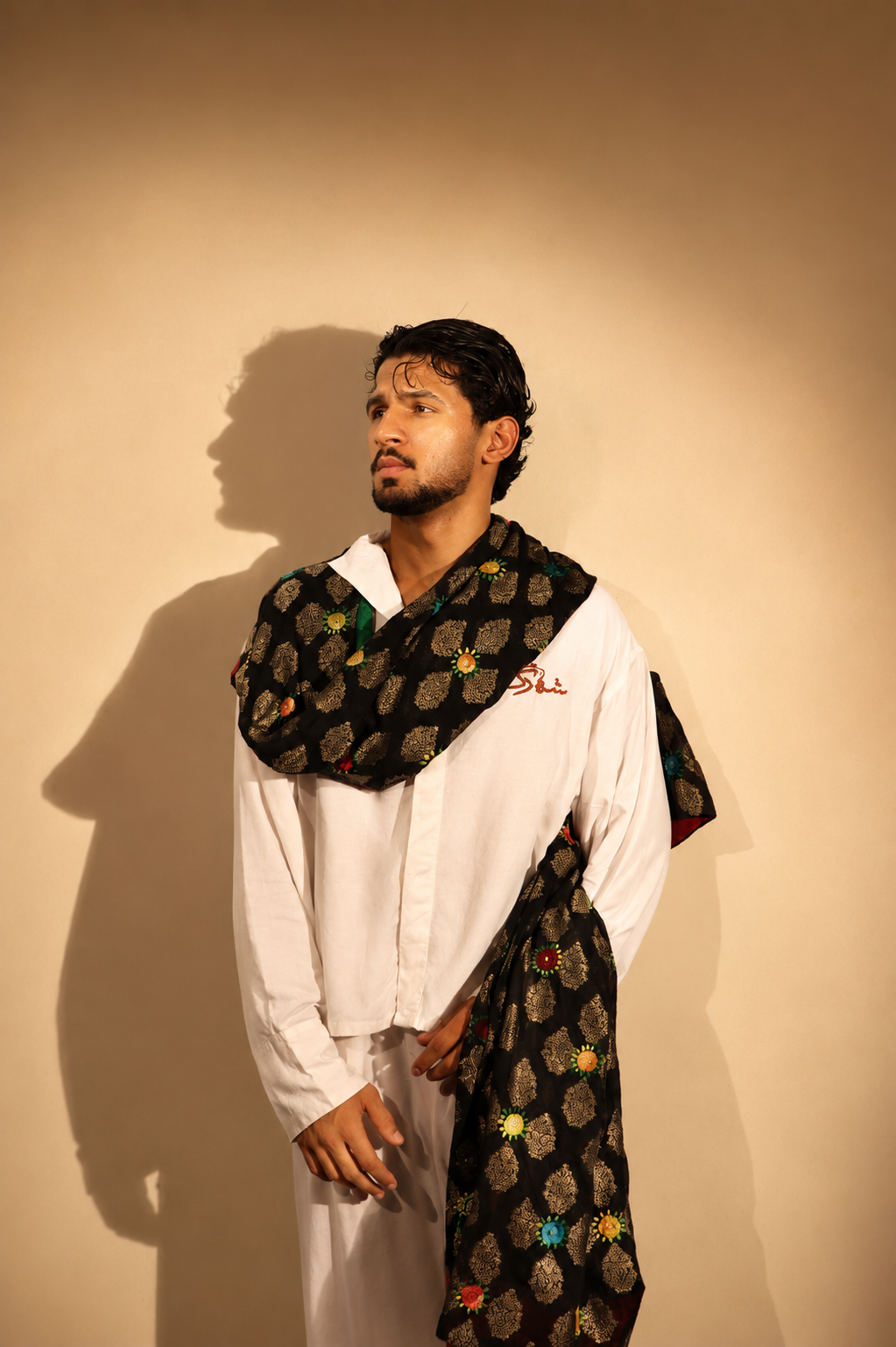 Black Metallic Jacquard Stole with Multi-Color Sunburst Embroidery