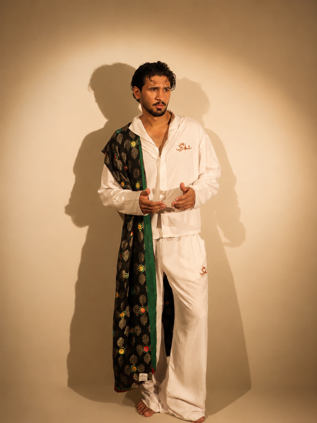 Black Metallic Jacquard Stole with Multi-Color Sunburst Embroidery
