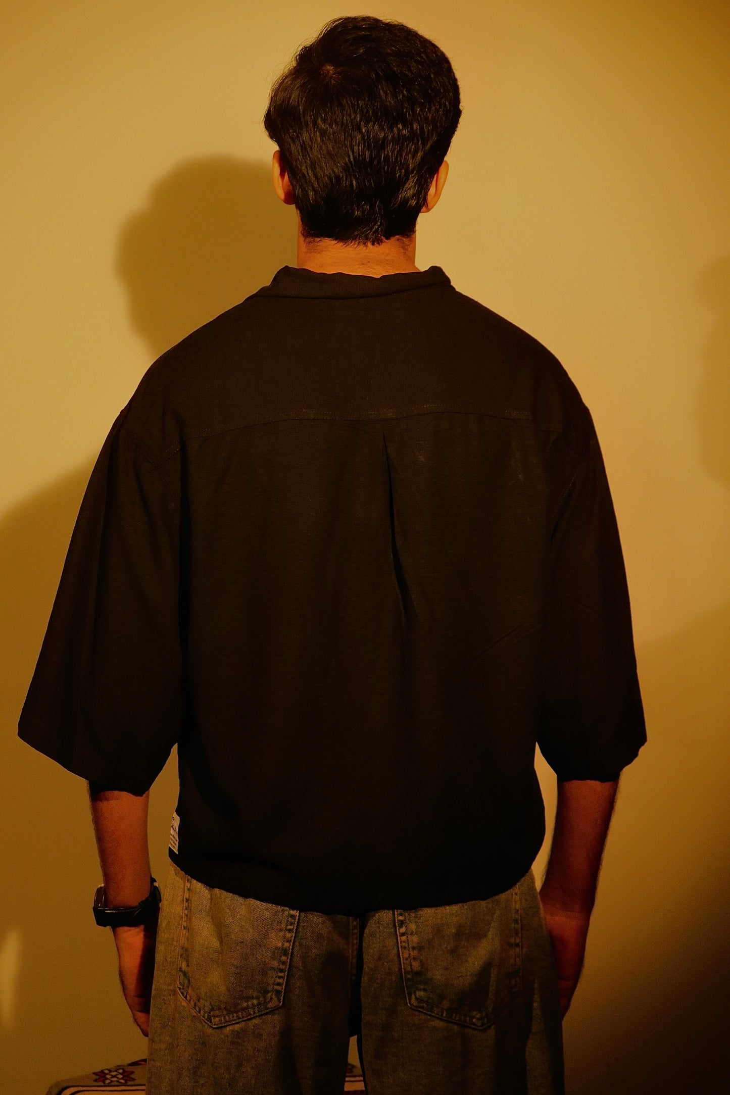 Unisex Embroidered Cuban Collar Shirt – Onyx Black