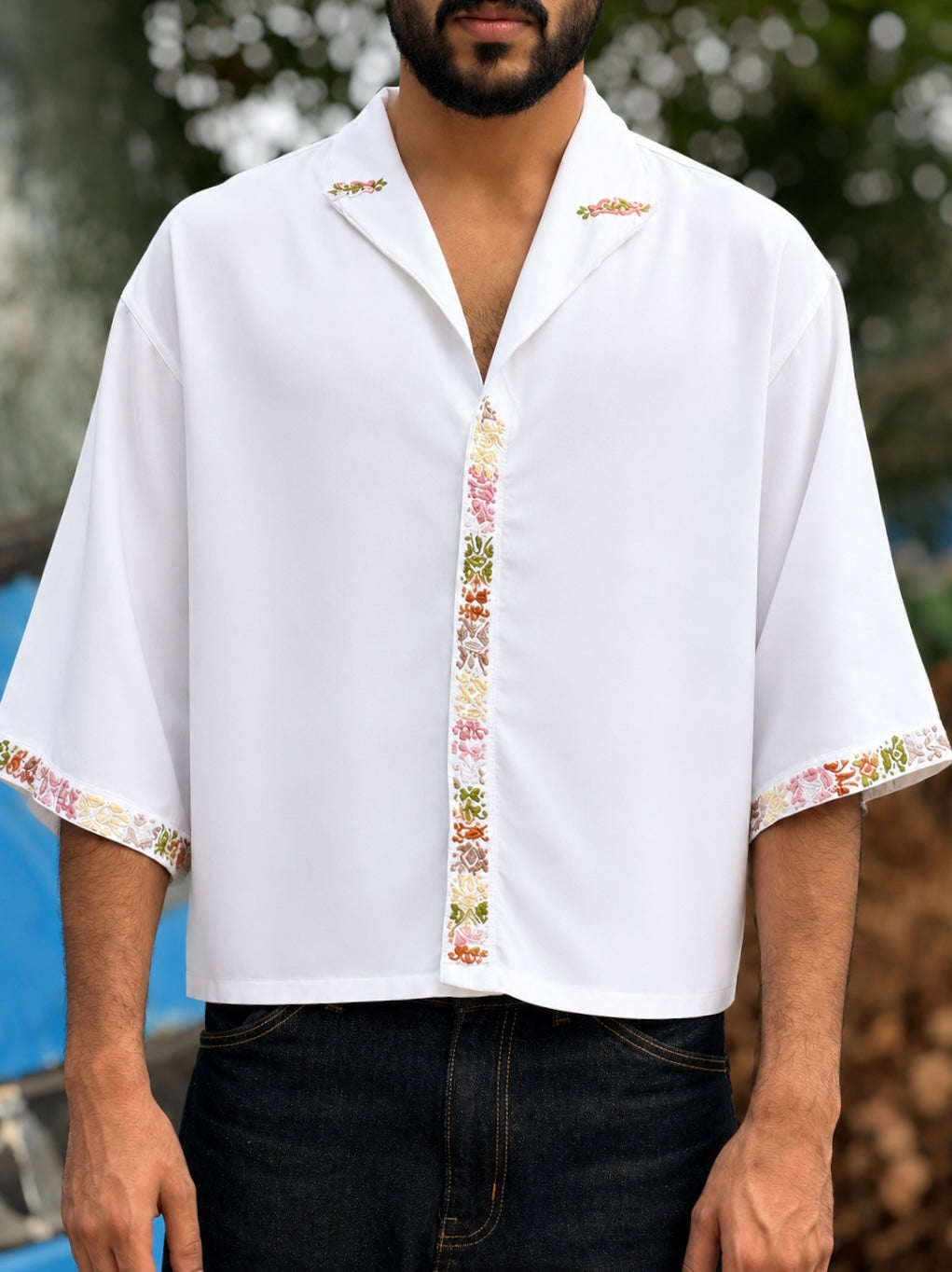 Ivory Placket & Cuff Embroidered Resort Shirt