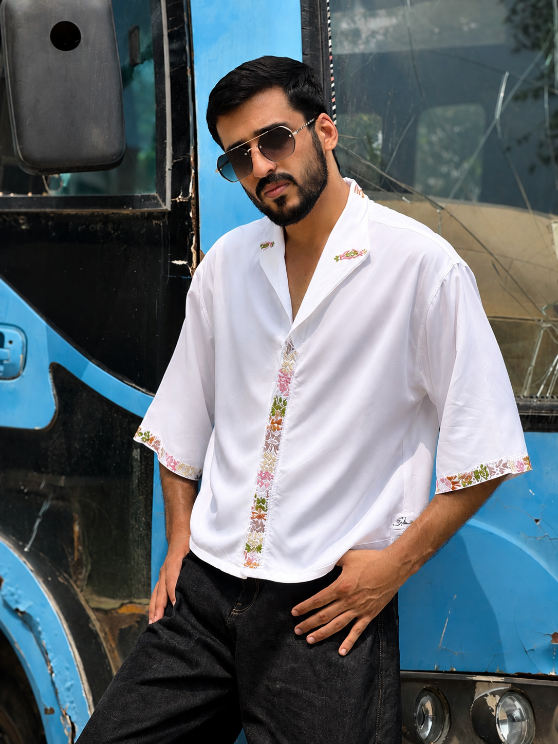 Ivory Placket & Cuff Embroidered Resort Shirt