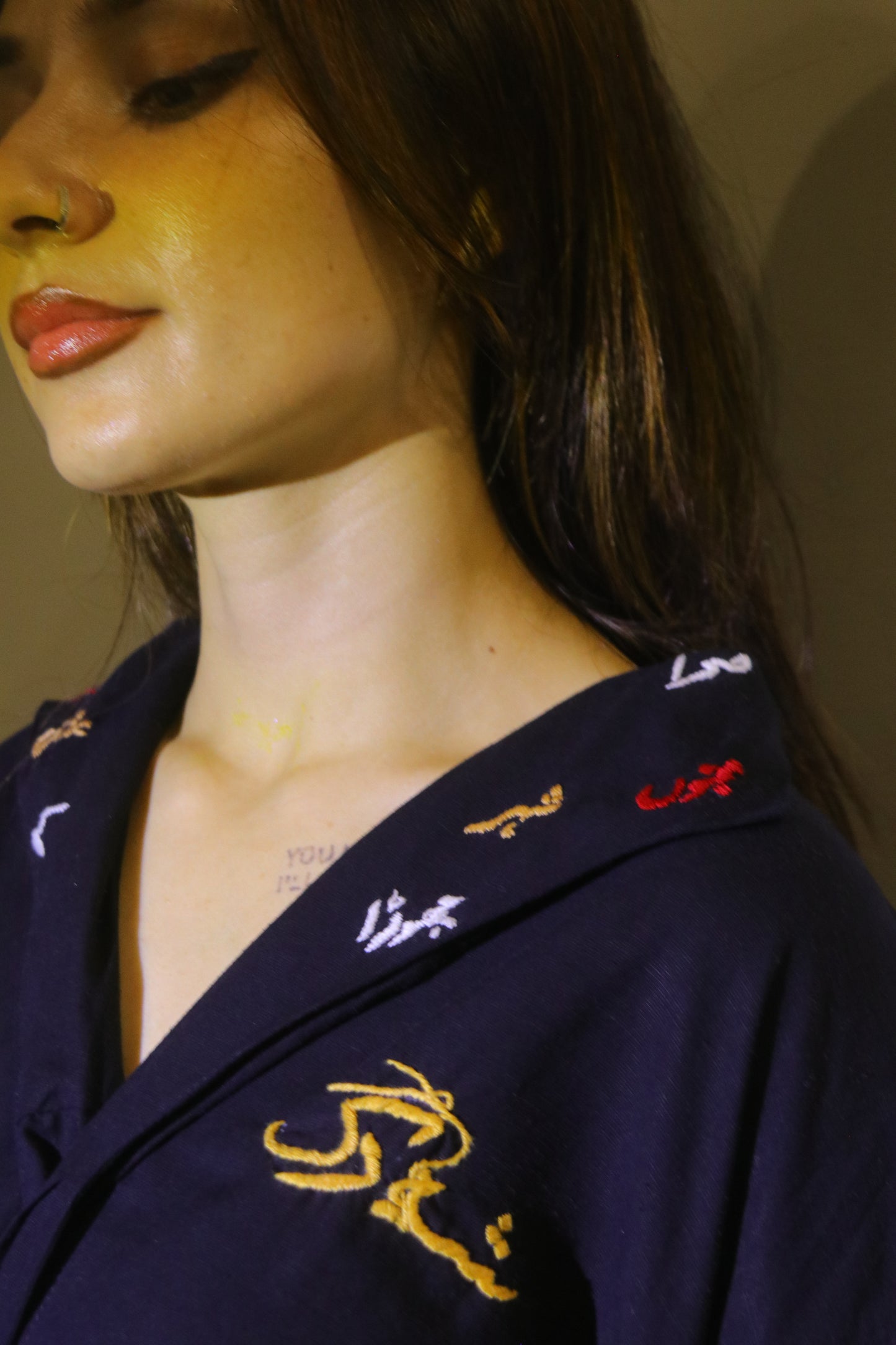Midnight Black Urdu Calligraphy Embroidered Shirt