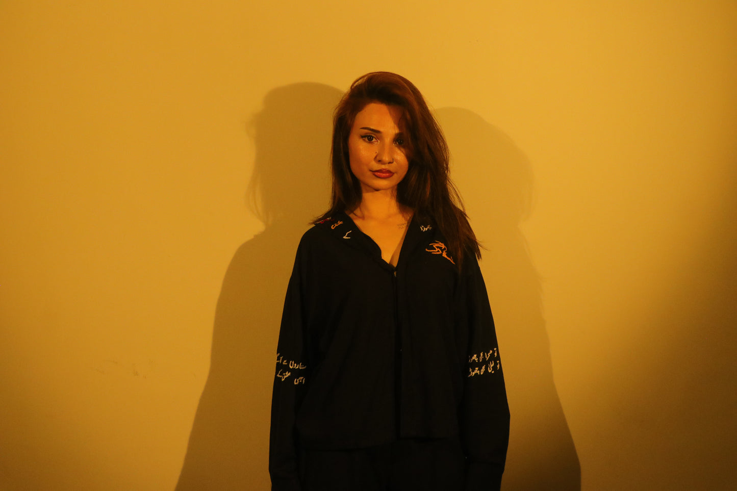 Midnight Black Urdu Calligraphy Embroidered Shirt
