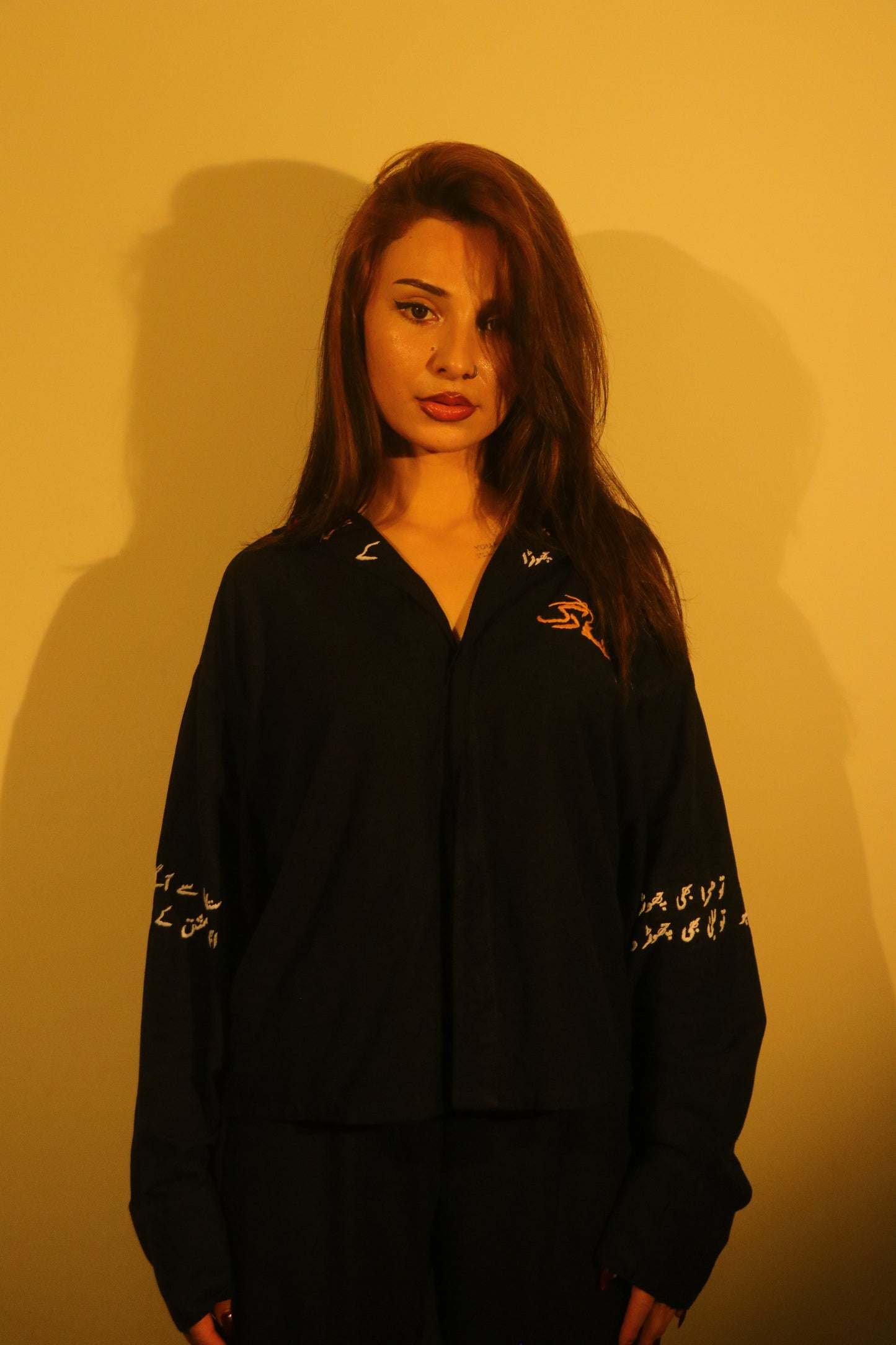Midnight Black Urdu Calligraphy Embroidered Shirt