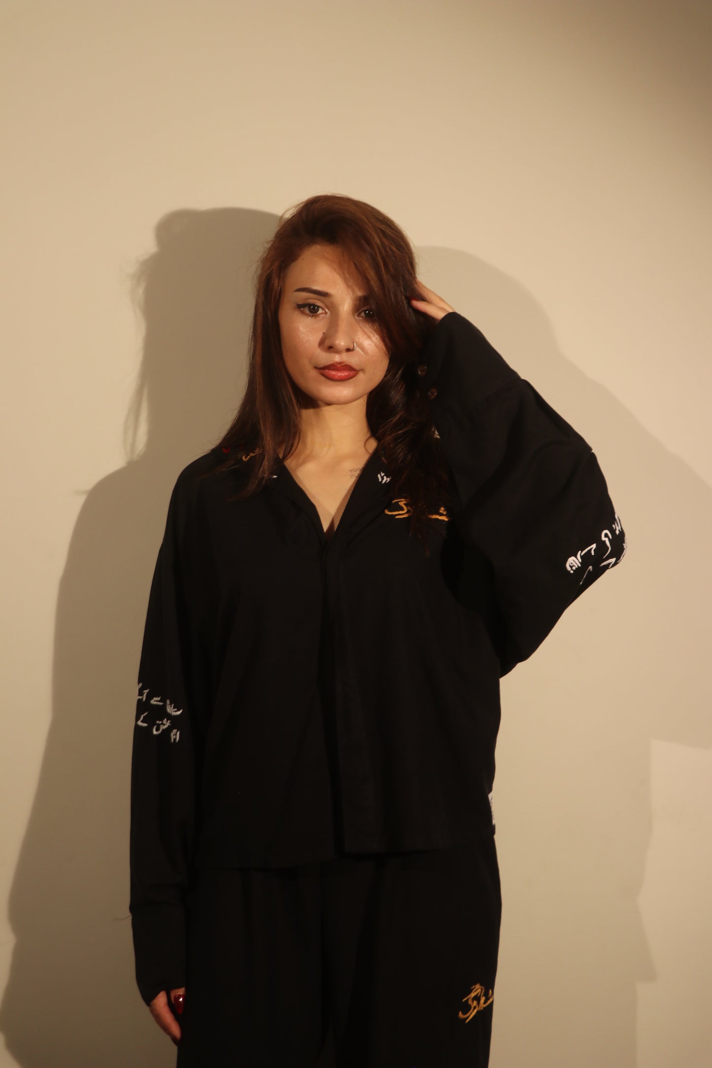 Midnight Black Urdu Calligraphy Embroidered Shirt