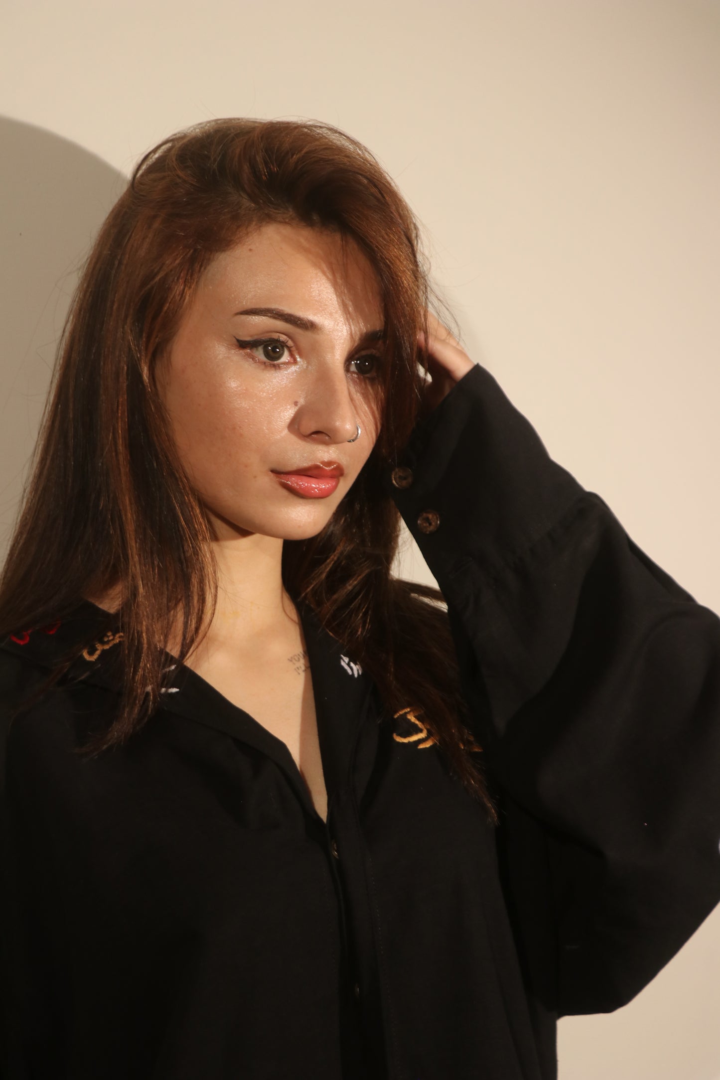 Midnight Black Urdu Calligraphy Embroidered Shirt