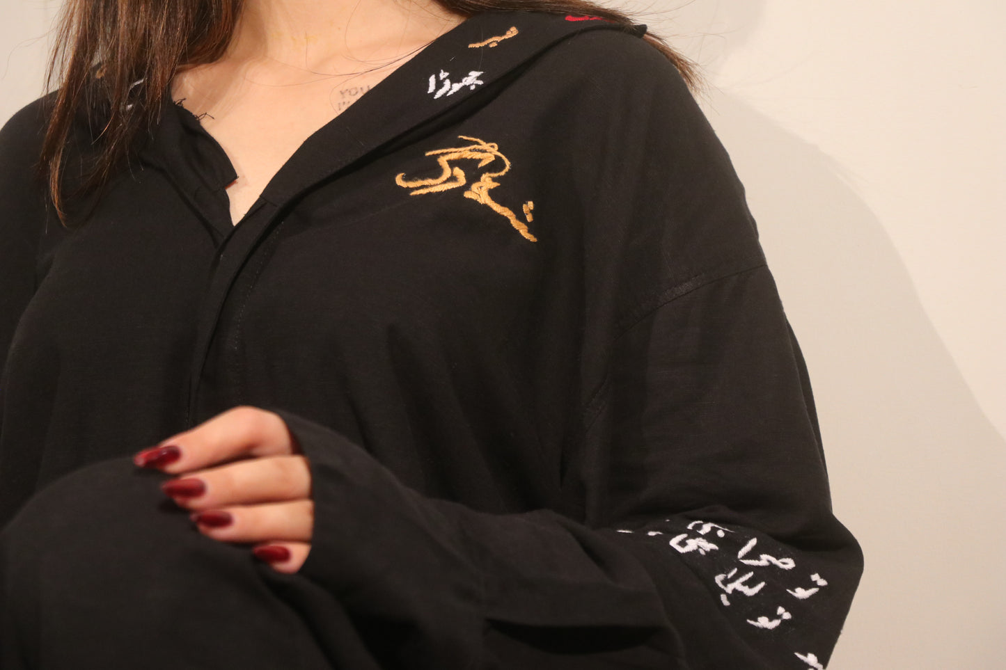 Midnight Black Urdu Calligraphy Embroidered Shirt