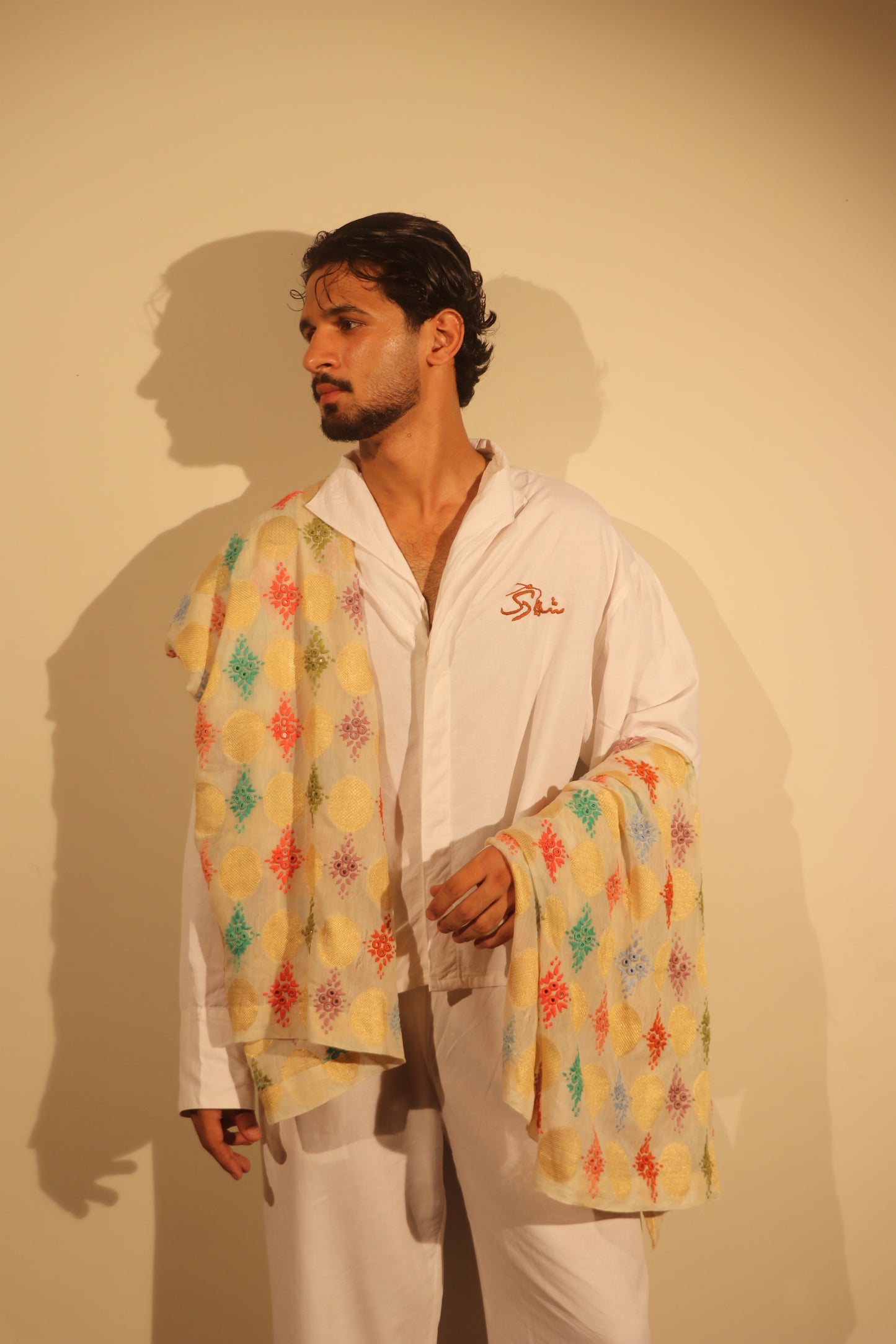 Ivory & Gold Multi-Color Geometric Embroidered Stole