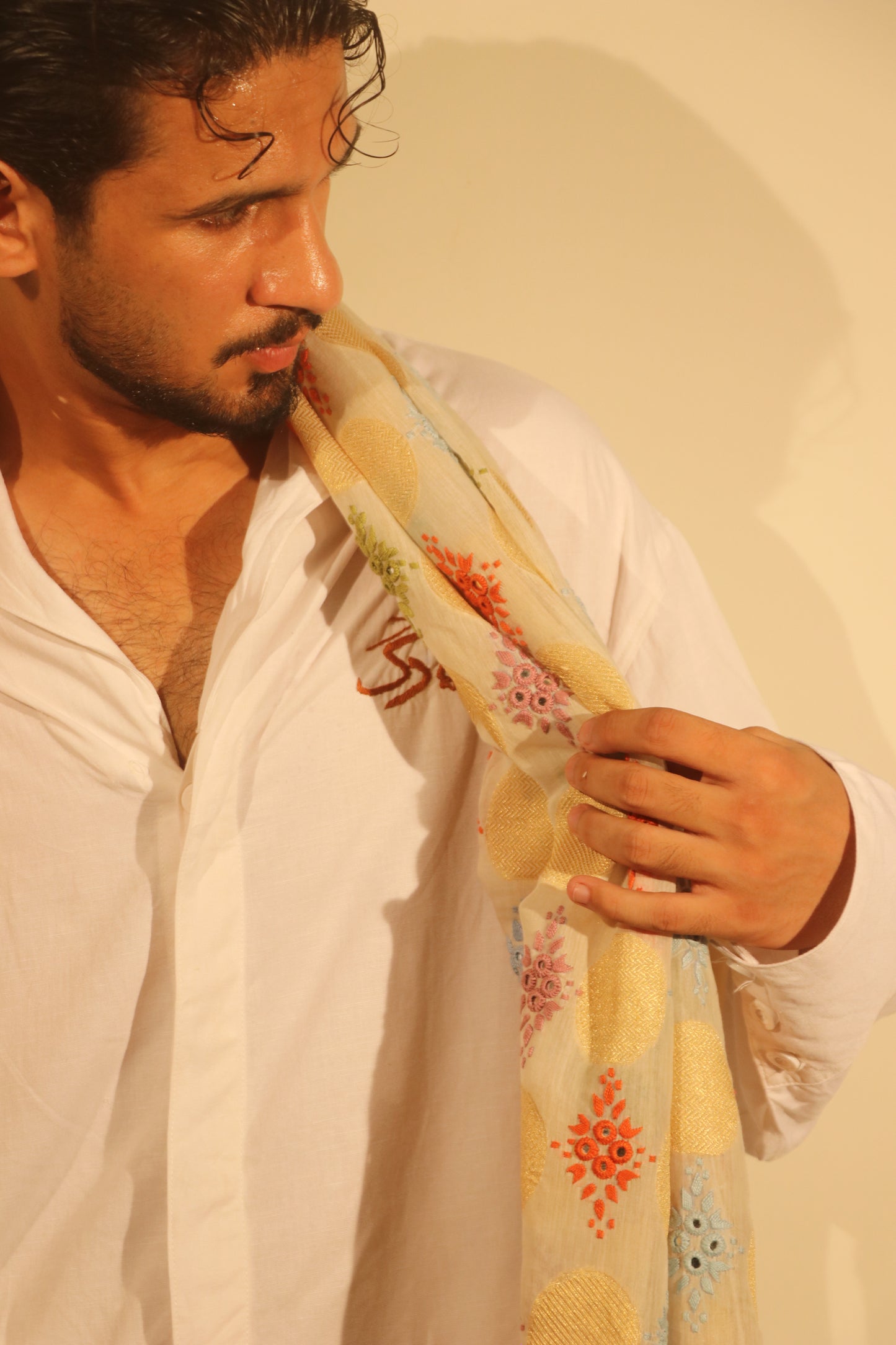 Ivory & Gold Multi-Color Geometric Embroidered Stole