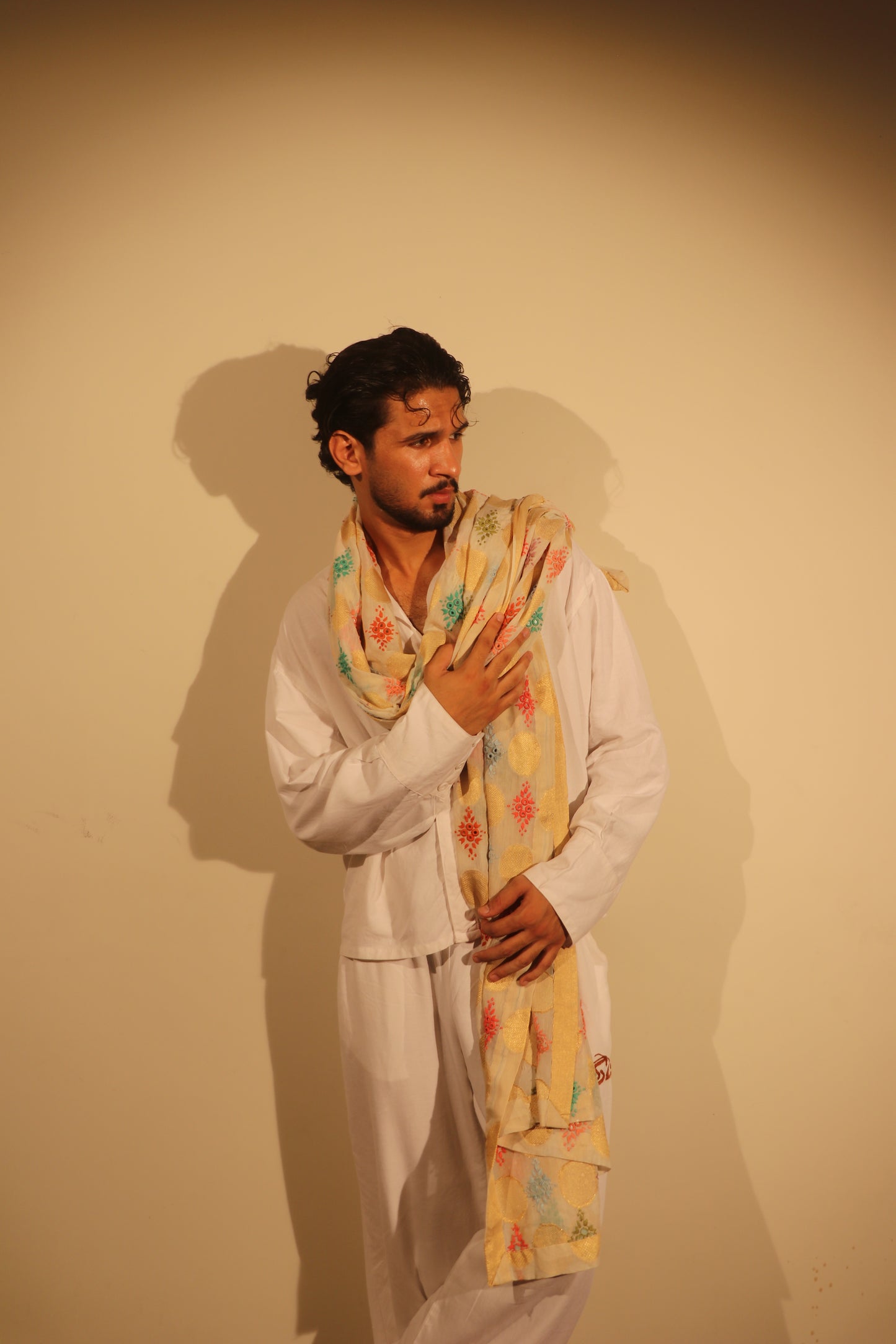 Ivory & Gold Multi-Color Geometric Embroidered Stole