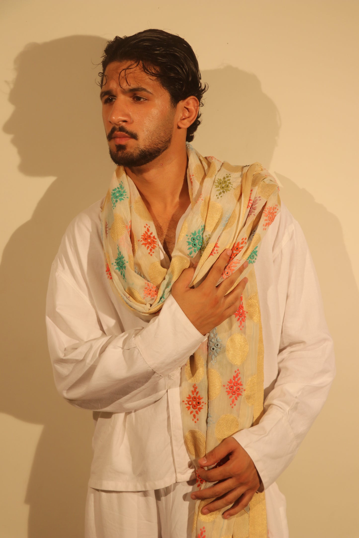 Ivory & Gold Multi-Color Geometric Embroidered Stole